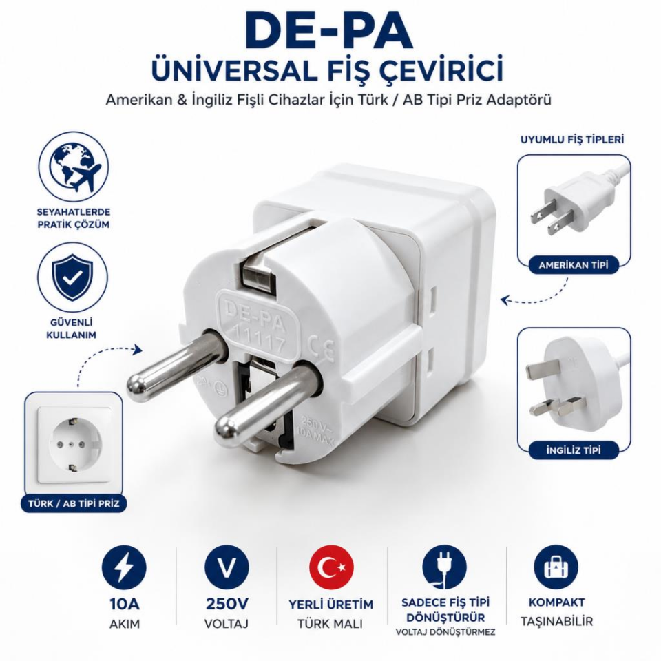 De-Pa 11117 Amerikan & İngiliz Tipi Üniversal Fiş Dönüştürücü – Türkiye/Avrupa Priz Uyumlu 10A 250V