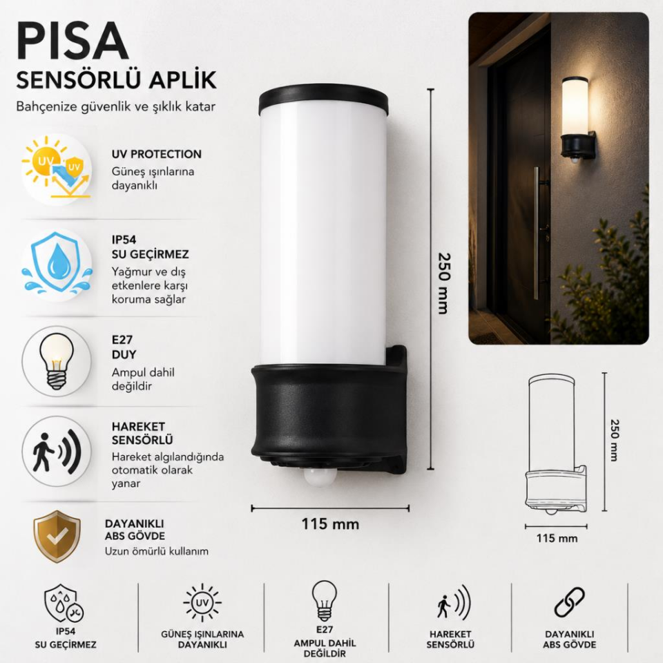 ZİTA Bahçe Sensörlü Armatür Aplik IP54 25 cm.