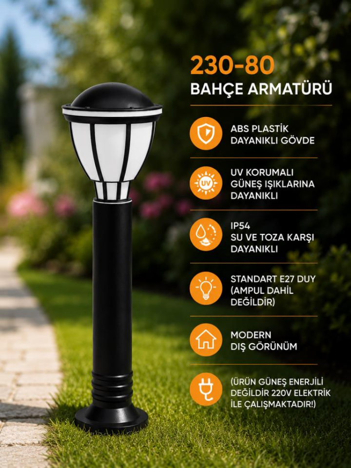 Zita Kupa 80 cm Bahçe Aydınlatma Armaturu E-27 Duylu IP54 Siyah / 230-80
