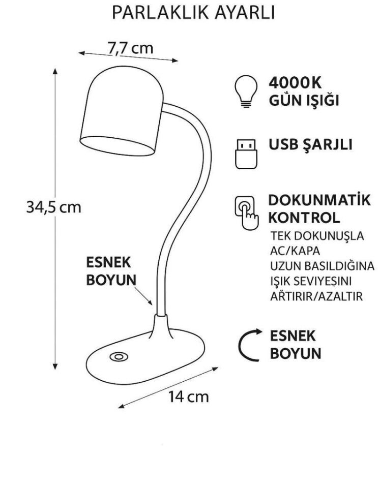 CATA CT-8440 Berlin Siyah Masa Lambası – 4000K Doğal Işık, USB Şarjlı, Dokunmatik ve Esnek Tasarım