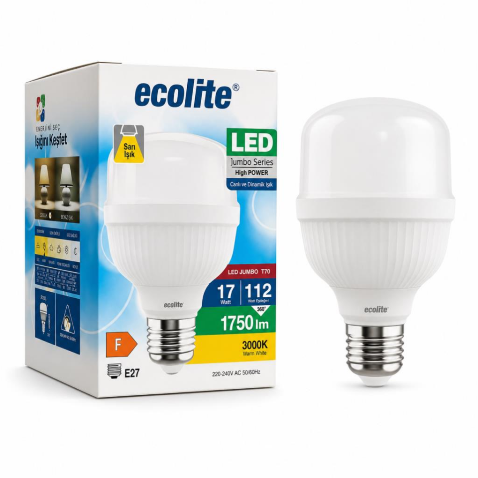 Ecolite 17W LED Jumbo Ampul 3000K Sarı Işık 1750 Lümen 112W Eşdeğer E27 Duylu Yüksek Güçlü LED Ampul