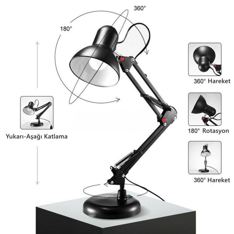 Siyah Akrobat Masa Lambası 360° Hareketli Noas Münih Çalışma Masası Lambası + Led Ampul