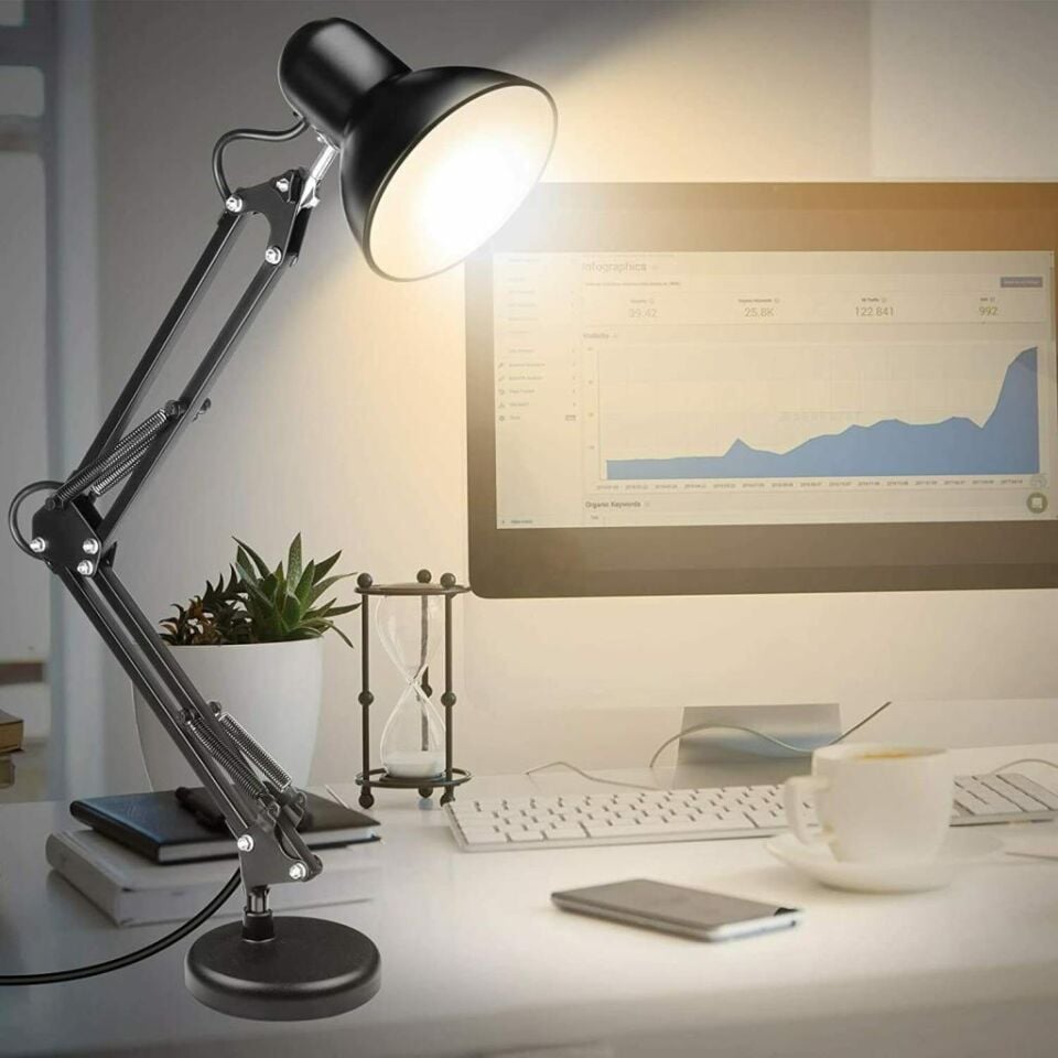 Siyah Akrobat Masa Lambası 360° Hareketli Noas Münih Çalışma Masası Lambası + Led Ampul