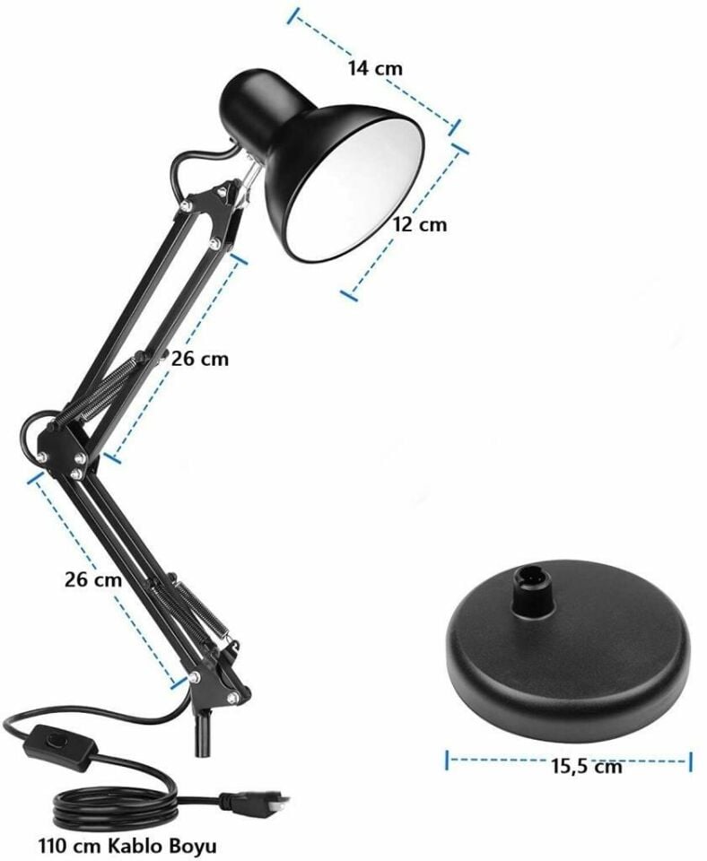 Siyah Akrobat Masa Lambası 360° Hareketli Noas Münih Çalışma Masası Lambası + Led Ampul