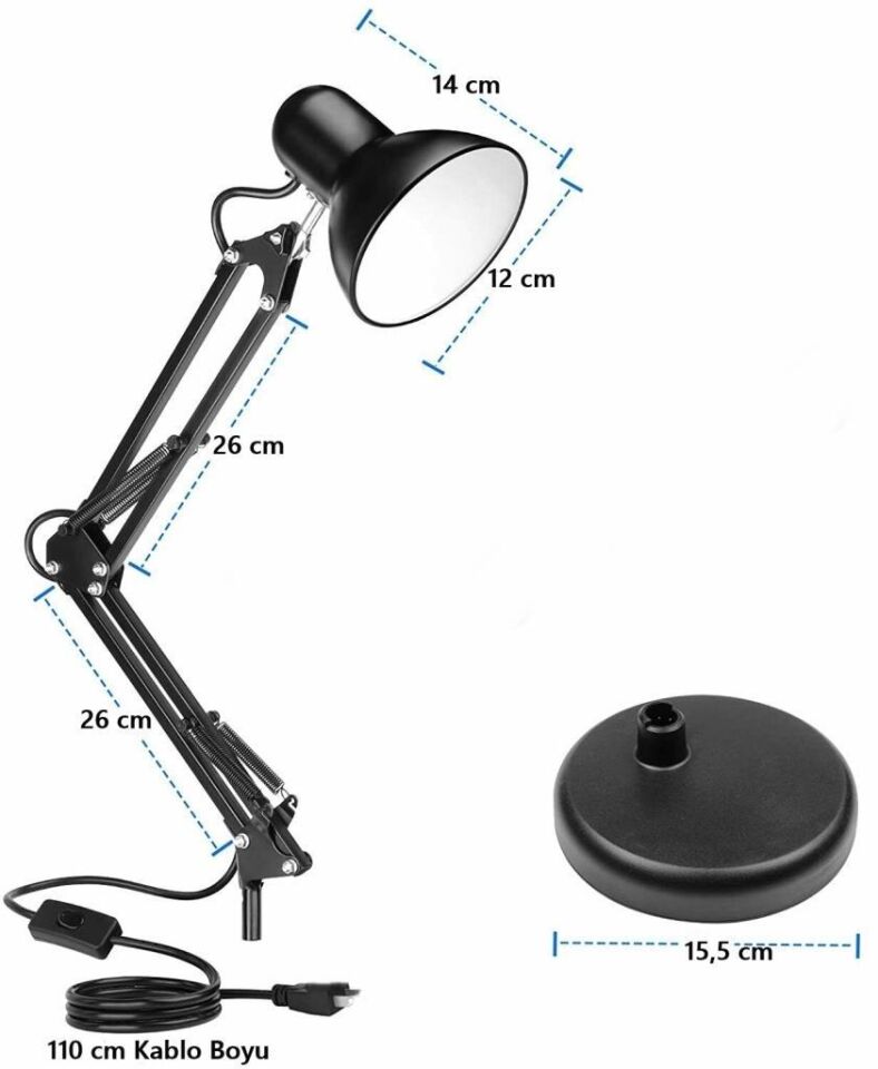 Siyah Akrobat Masa Lambası 360° Hareketli Noas Münih Çalışma Masası Lambası + Led Ampul
