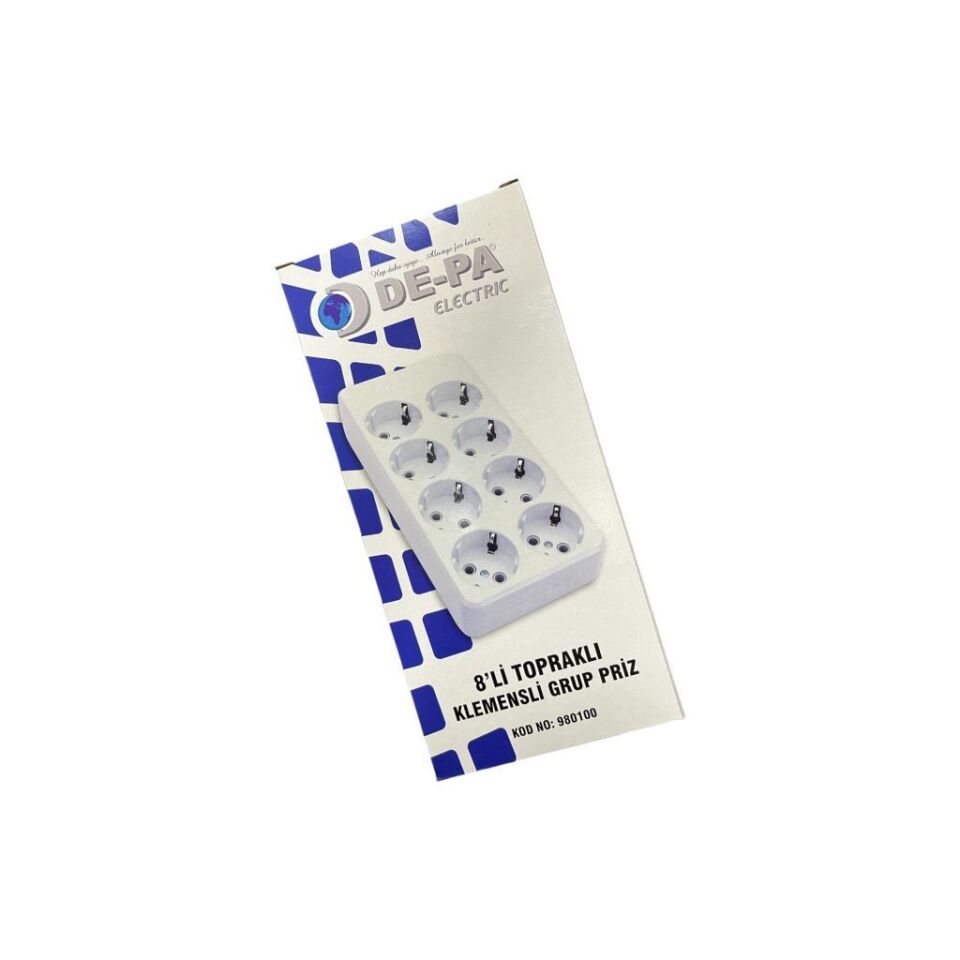 De-Pa 8’li Kablosuz Uzatma Grup Priz | Klemensli | Topraklı | 16A 250V | Yerli Üretim | 980100