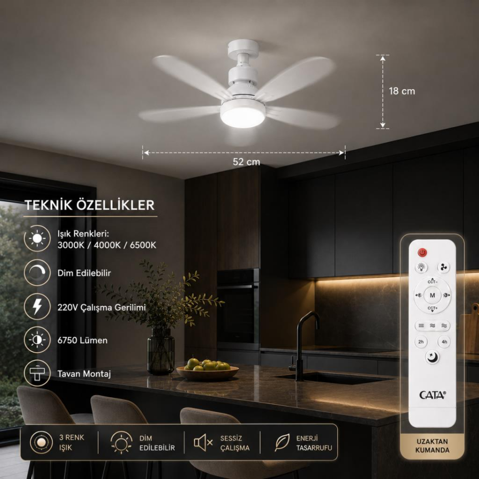 62 Watt 3 Farklı Renk Modlu Dimlenebilir Cata Lodos Kumandalı Fan Led Ampul
