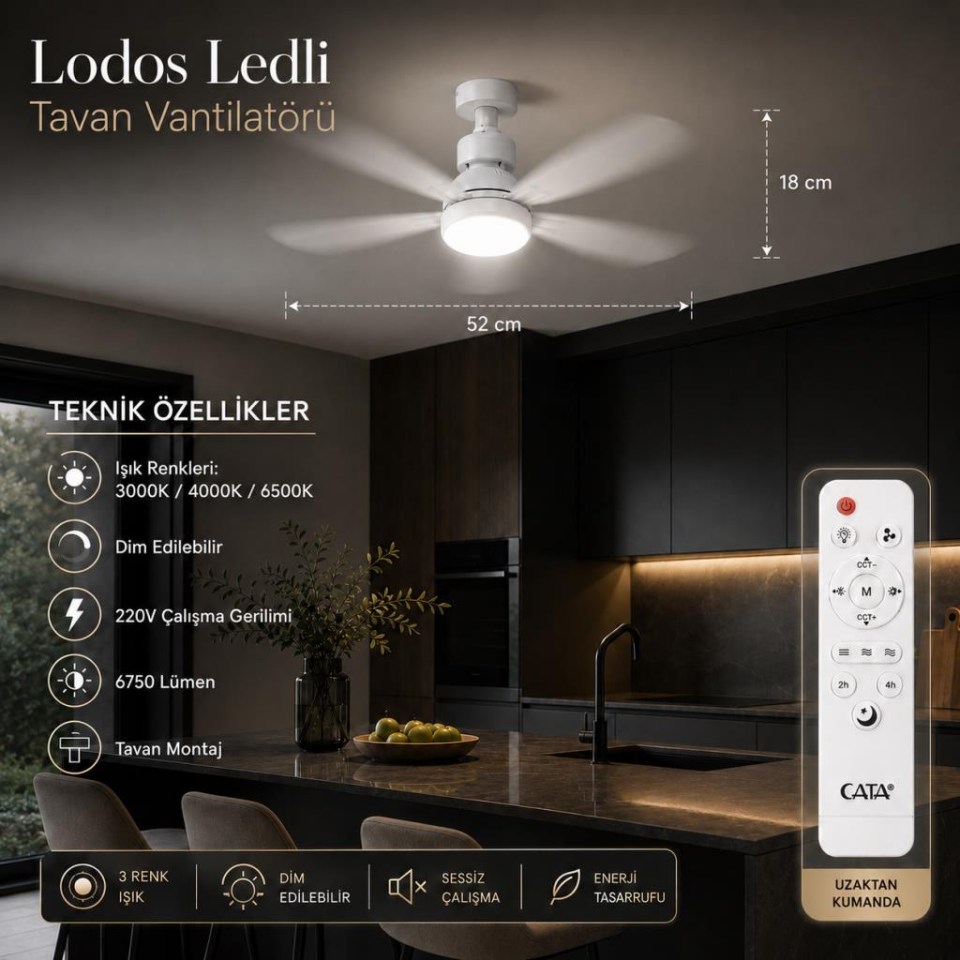 62 Watt 3 Farklı Renk Modlu Dimlenebilir Cata Lodos Kumandalı Fan Led Ampul