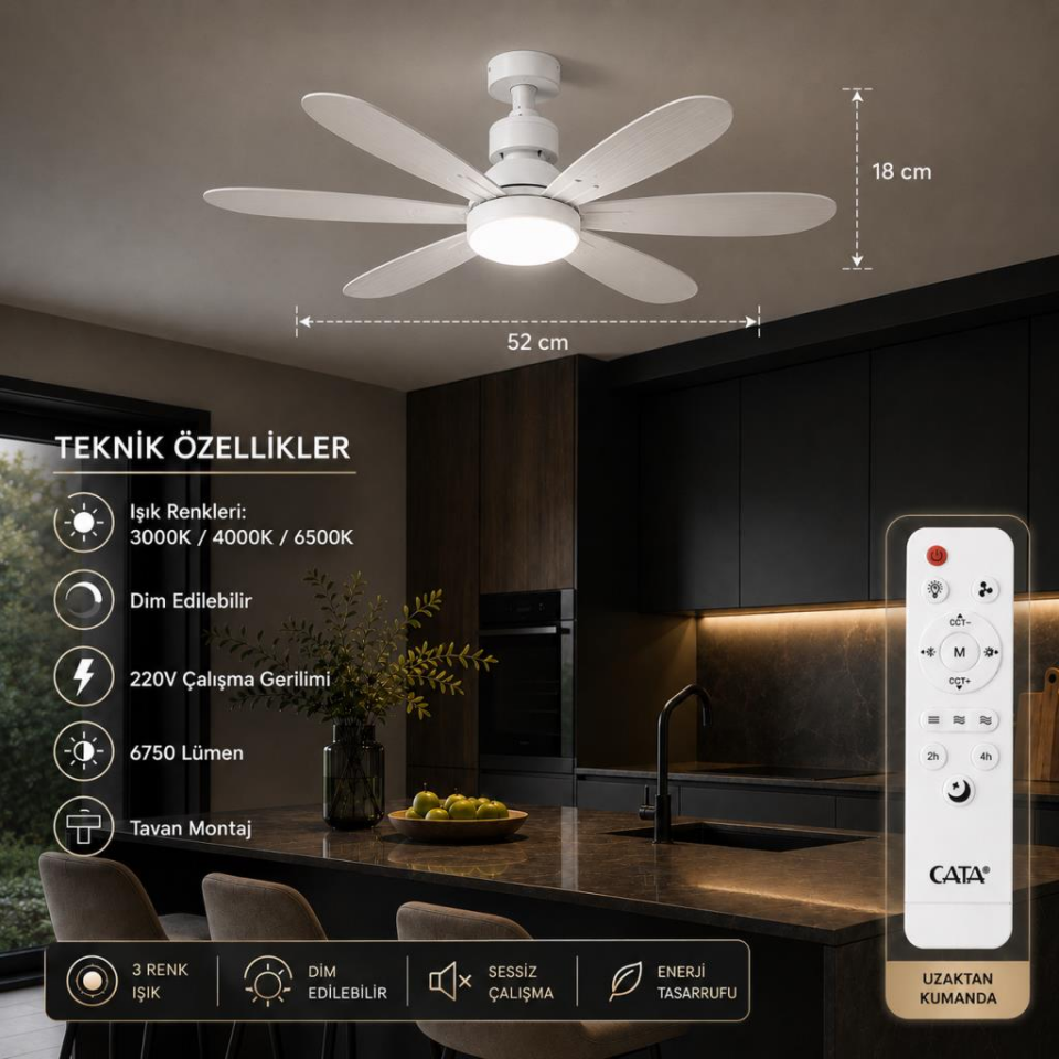 62 Watt 3 Farklı Renk Modlu Dimlenebilir Cata Lodos Kumandalı Fan Led Ampul