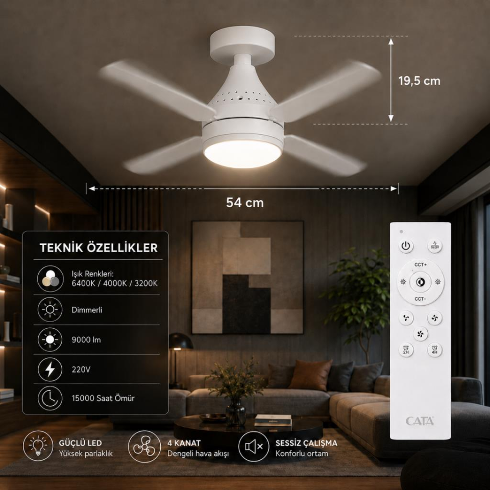 Cata CT-1155 Karayel Fanlı LED Ampul 82W | E27 Duy | 3 Renk Değişimli | Dimmerli | Aydınlatma + Vantilatör Bir Arada