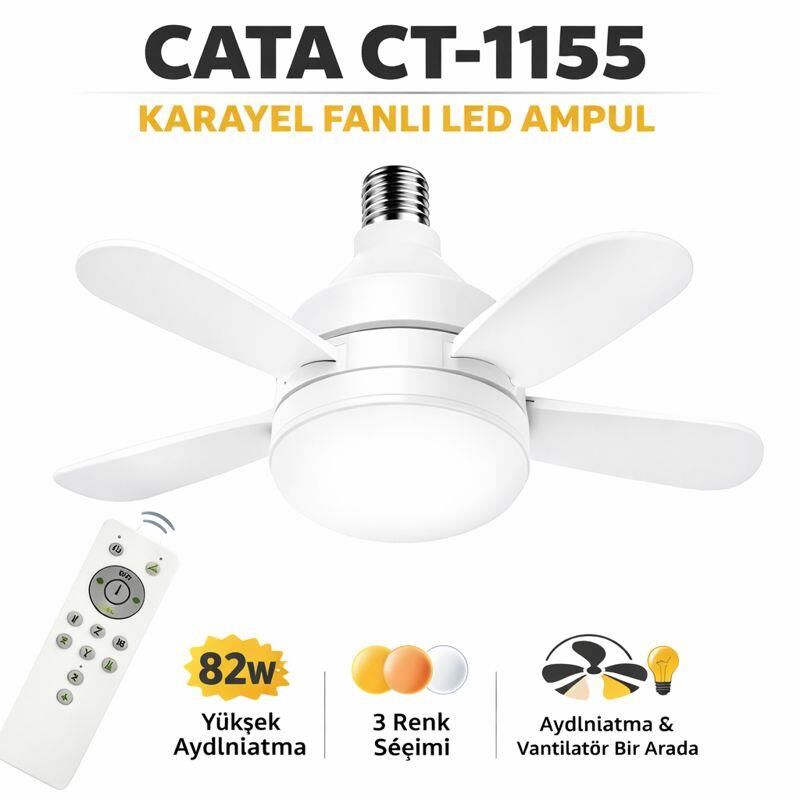 Cata CT-1155 Karayel Fanlı LED Ampul 82W | E27 Duy | 3 Renk Değişimli | Dimmerli | Aydınlatma + Vantilatör Bir Arada