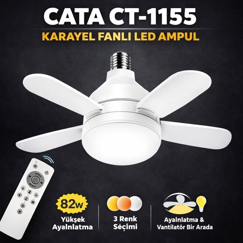 Cata CT-1155 Karayel Fanlı LED Ampul 82W | E27 Duy | 3 Renk Değişimli | Dimmerli | Aydınlatma + Vantilatör Bir Arada