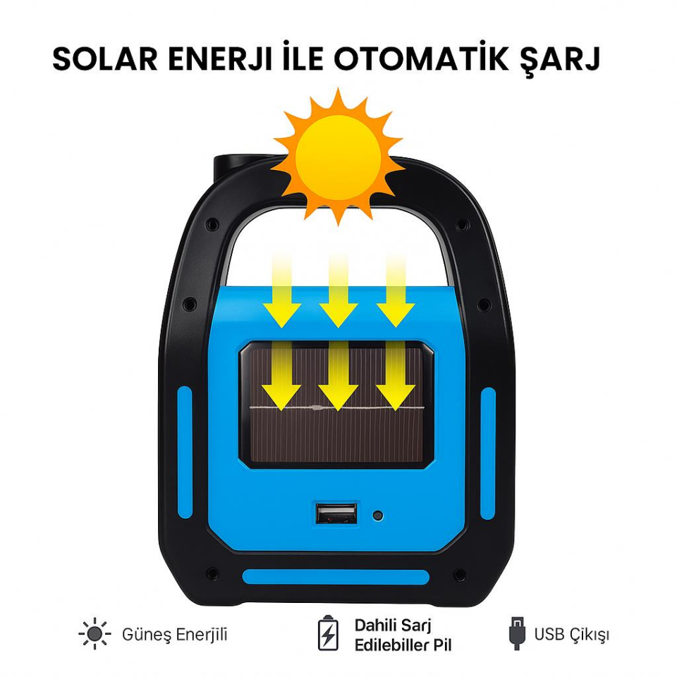 NOAS Bitez 3W 300 Lümen Güneş Enerjili ve USB Şarjlı LED Fener – 3 Modlu Taşınabilir Işıldak