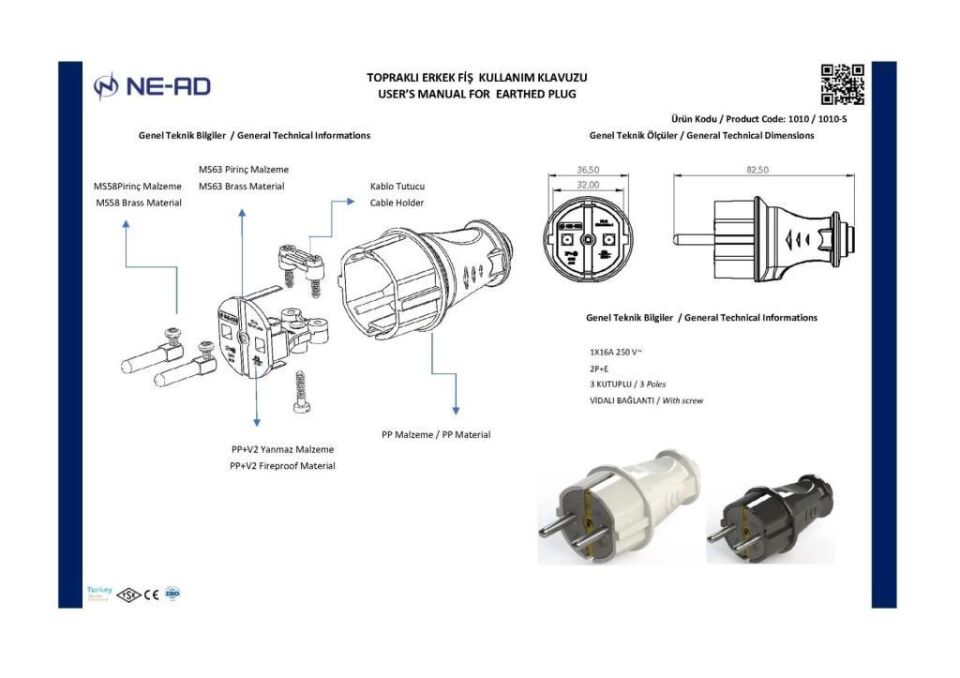 Ne-Ad 1010-S Topraklı Erkek Fiş – 16A 250V Siyah Düz Model, 2P+N Bağlantı, Sarı Kontaklı