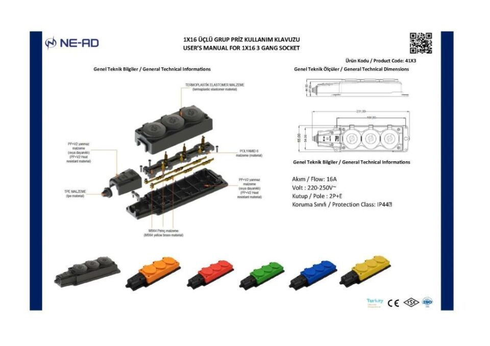 Ne-Ad 4103 Kauçuk Üçlü Grup Priz – 16A, 220-250V, Darbeye Dayanıklı, Yerli Üretim