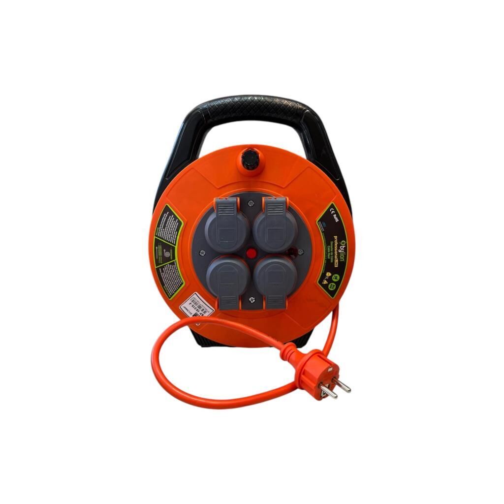 Bylion 10315-F Seyyar Kablo Makarası 10 Metre 4 Prizli IP44 Kapaklı 230V 16A 1000W Uzatma Kablosu (3x1.5mm² CCA)