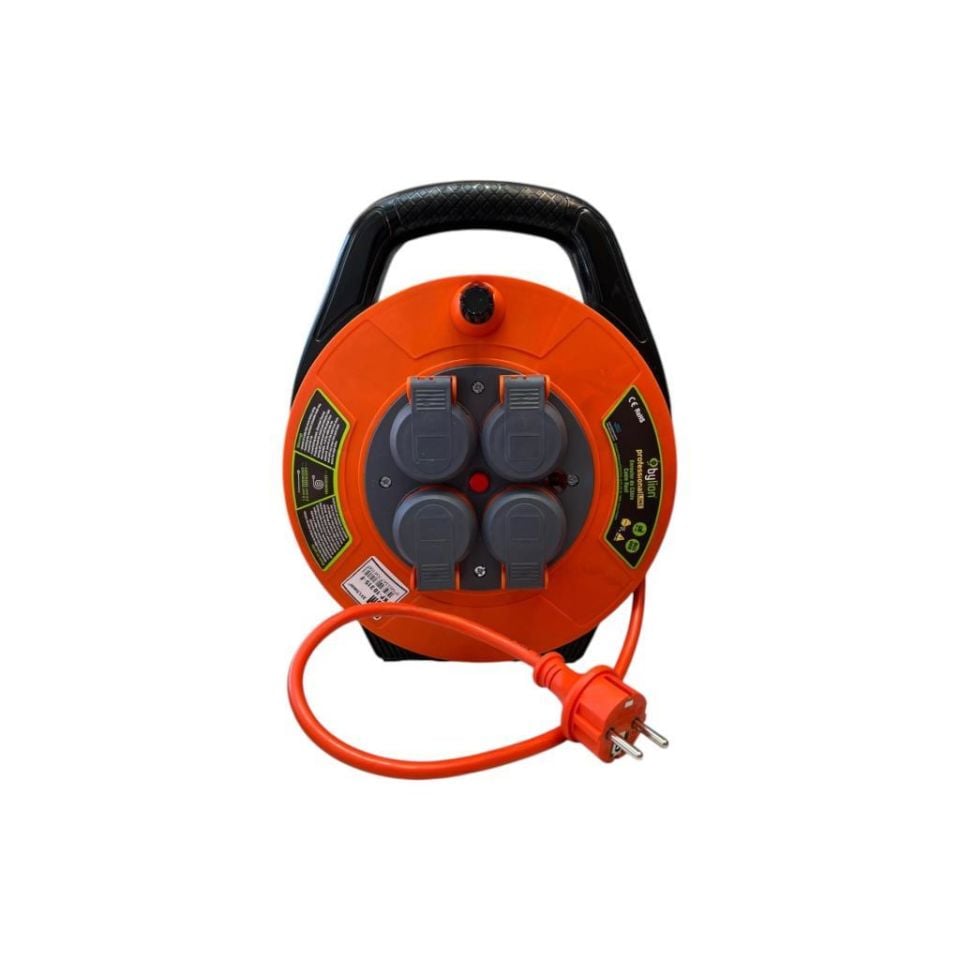 Bylion 10315-F Seyyar Kablo Makarası 10 Metre 4 Prizli IP44 Kapaklı 230V 16A 1000W Uzatma Kablosu (3x1.5mm² CCA)