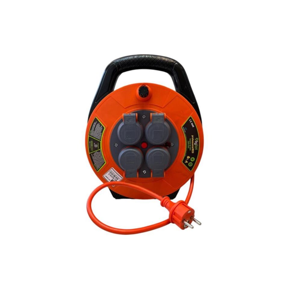 Bylion 10315-F Seyyar Kablo Makarası 10 Metre 4 Prizli IP44 Kapaklı 230V 16A 1000W Uzatma Kablosu (3x1.5mm² CCA)