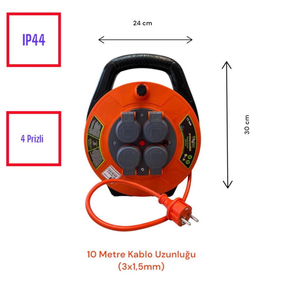 Bylion 10315-F Seyyar Kablo Makarası 10 Metre 4 Prizli IP44 Kapaklı 230V 16A 1000W Uzatma Kablosu (3x1.5mm² CCA)