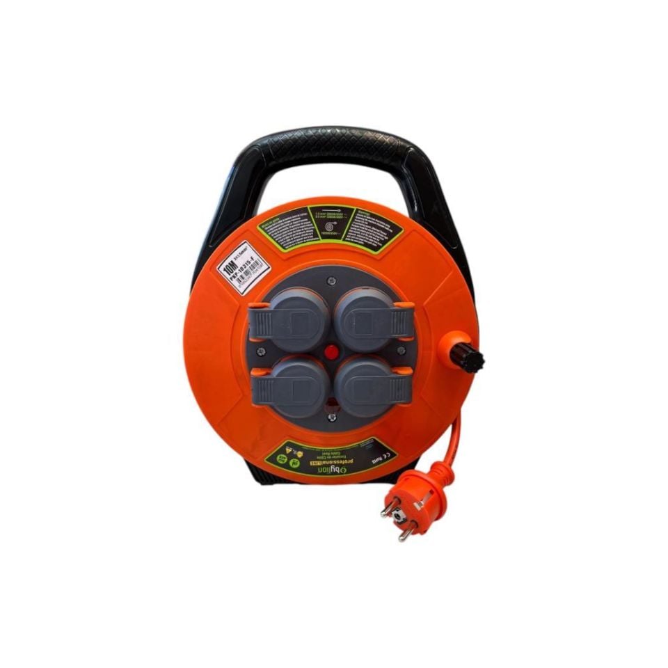Bylion 10315-F Seyyar Kablo Makarası 10 Metre 4 Prizli IP44 Kapaklı 230V 16A 1000W Uzatma Kablosu (3x1.5mm² CCA)