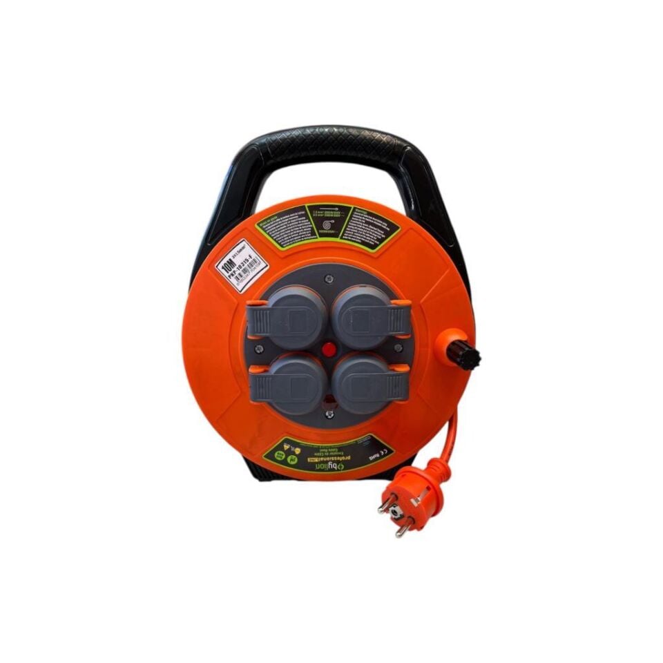Bylion 10315-F Seyyar Kablo Makarası 10 Metre 4 Prizli IP44 Kapaklı 230V 16A 1000W Uzatma Kablosu (3x1.5mm² CCA)