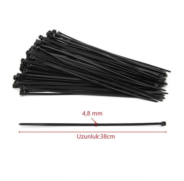 Çetsan 4,8x380 Siyah 38cm Kablo Bağı Plastik Cırt Kelepçe Toplayıcı-100 Adet