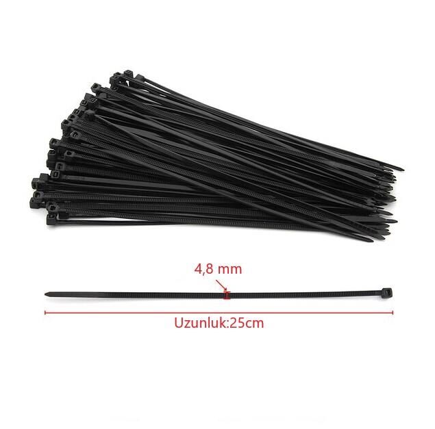 Çetsan 4,8x250 Siyah 25cm Kablo Bağı Plastik Cırt Kelepçe Toplayıcı-100 Adet