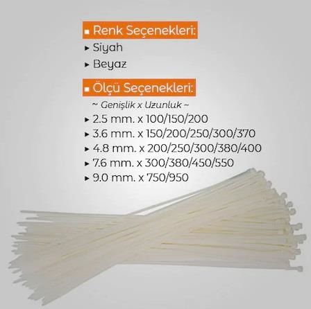 Çetsan 3,6x370 Beyaz 37cm Kablo Bağı Plastik Cırt Kelepçe Toplayıcı-100 Adet