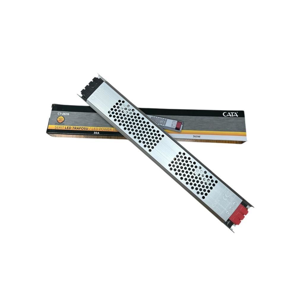 Cata CT-2678 12V 30A 360W Şerit LED Trafosu | Metal Kasa Güç Kaynağı | 348x53x22 mm | AC 176-264V Giriş, DC 12V Çıkış