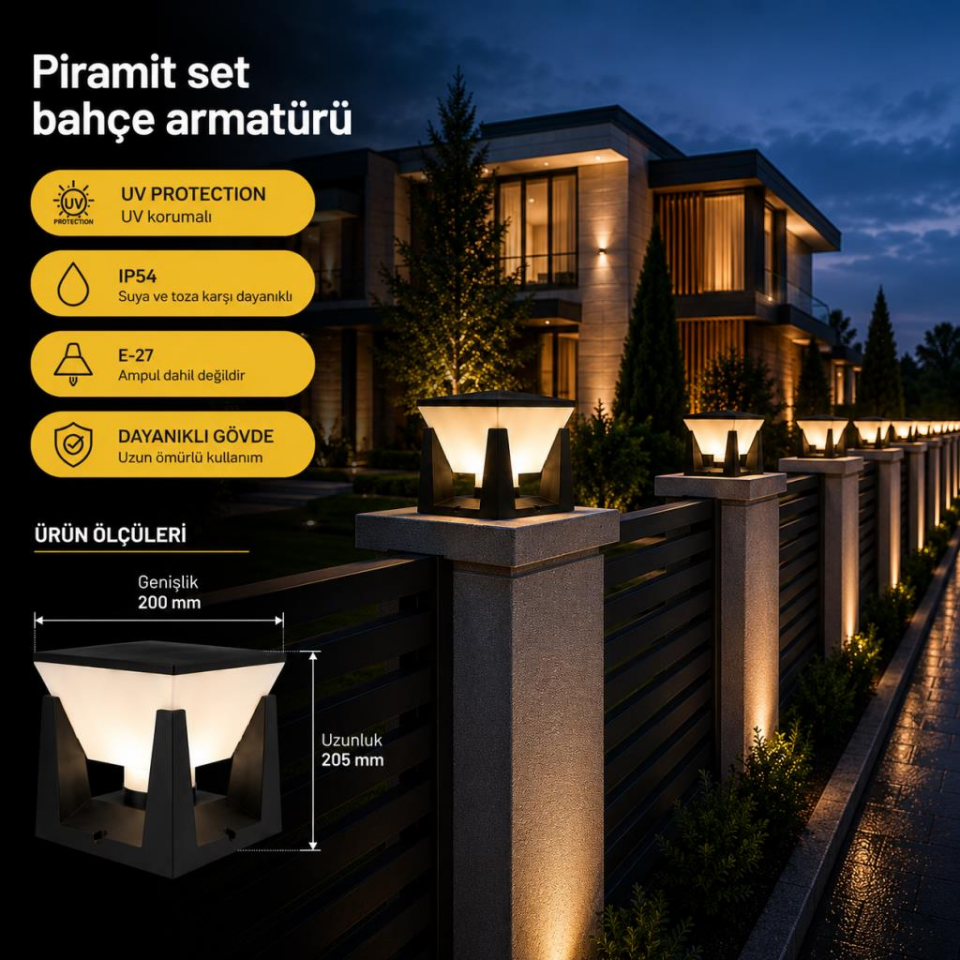 Zita 351 Piramit Bahçe Duvar Üstü Aydınlatma | E27 Duy (Ampul Hariç) | IP54 | UV Korumalı | ABS Gövde | 200x205 mm