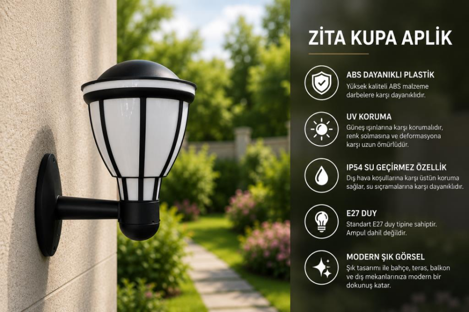 Zita Kupa Bahçe Duvar Apliği 37 cm | E27 Duy | IP54 Dış Mekan Aydınlatma | UV Protection | Teras, Veranda ve Yürüyüş Yolu (Ampul Hariç)