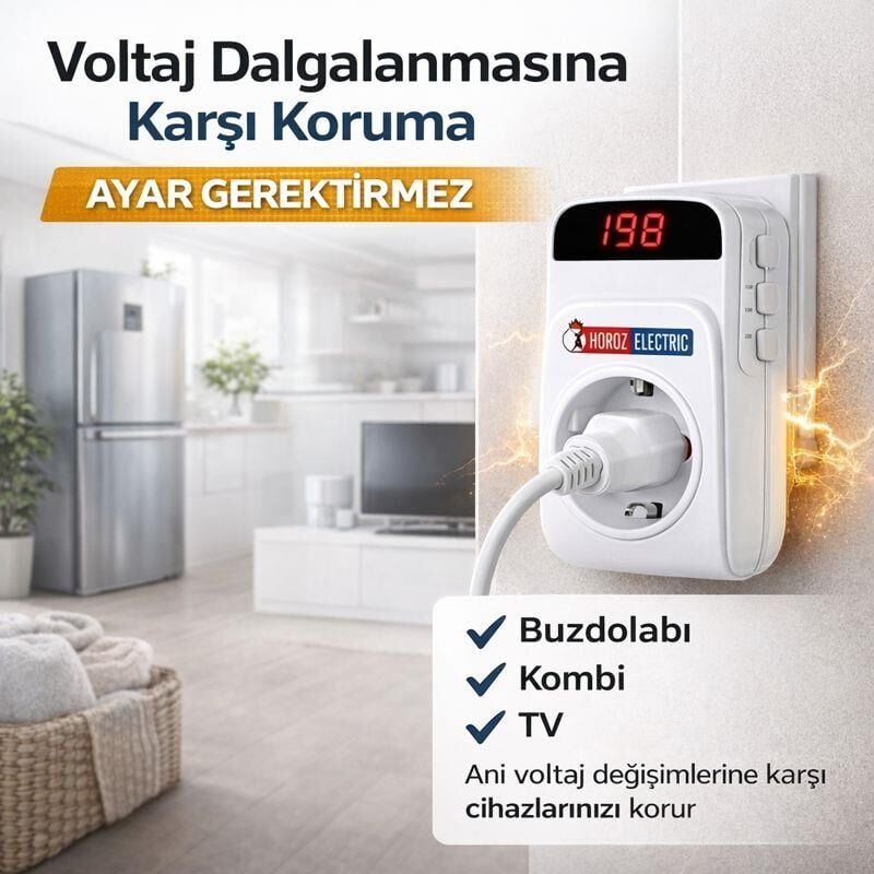 Horoz PROTEX-R Voltaj Korumalı Priz – Dijital Ekranlı, Ayarlanabilir Aşırı & Düşük Voltaj Koruması