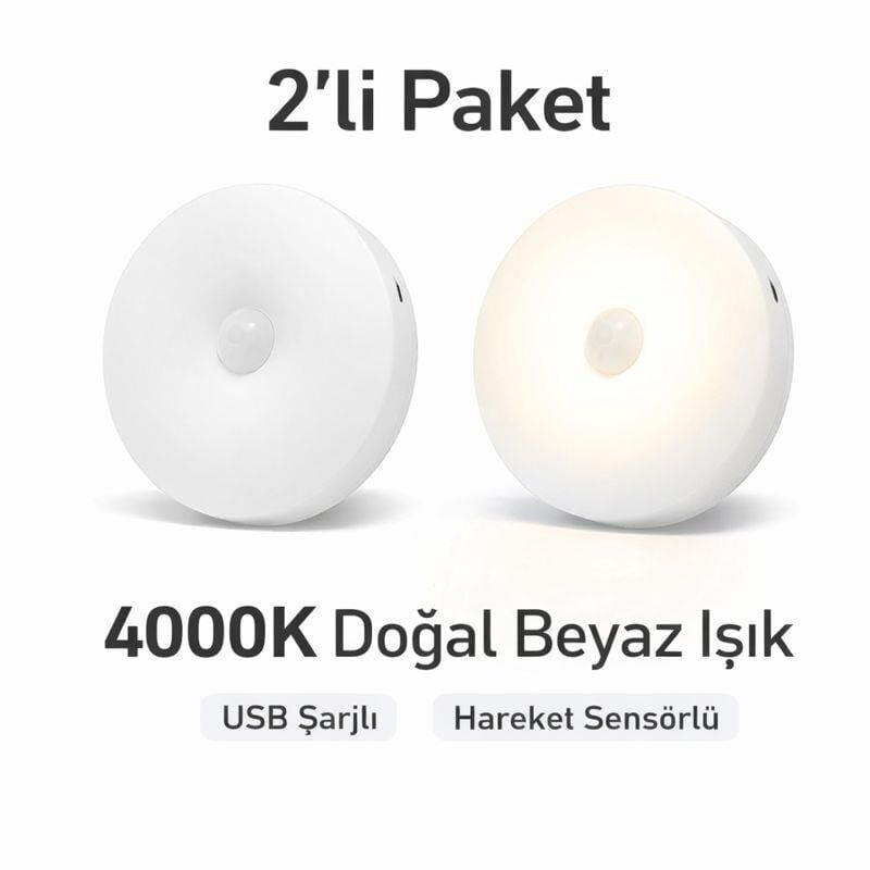 2’li Set Sensörlü LED Kabin Işığı Gece Lambası | 1,5W | 4000K Doğal Beyaz | 150 Lümen | USB Şarjlı | Manyetik & Bantlı | Mutfak Dolabı, Merdiven, Gardırop Aydınlatma Karanlıkta Harekete Duyarlı