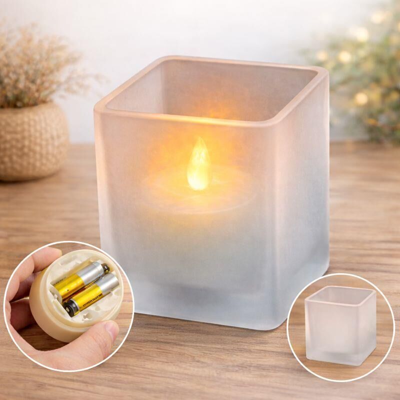 Cam Kavanoz İçinde Pilli LED Mum | Gerçekçi Alev Efekti | 2x AAA Pil ile Çalışır (Piller Dahil Değildir) | Dekoratif ve Güvenli Işık