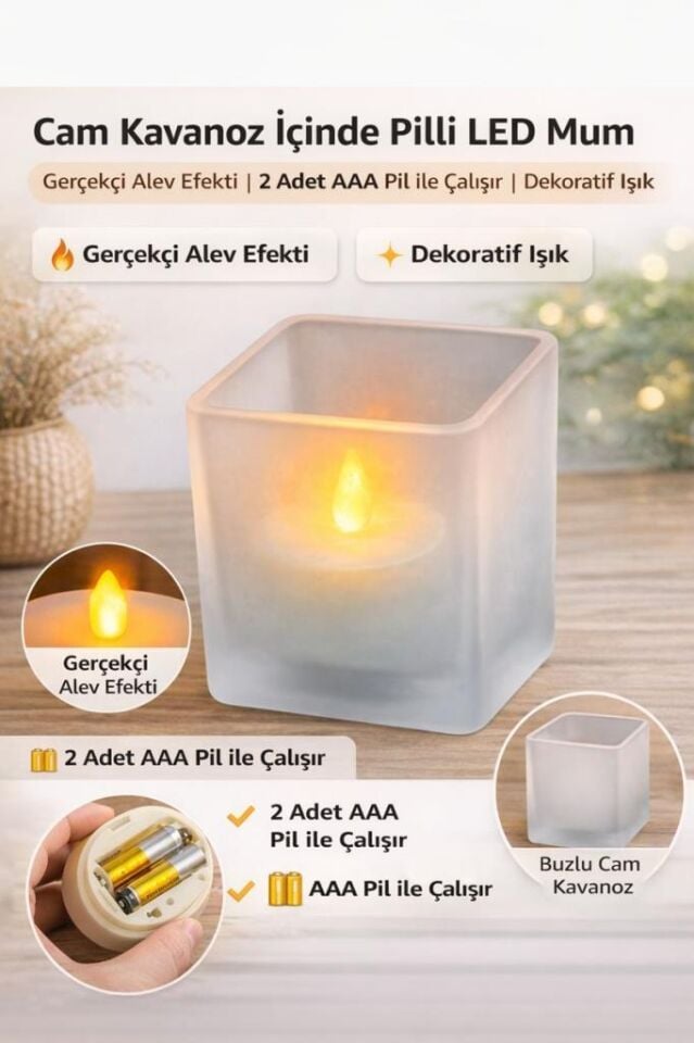Cam Kavanoz İçinde Pilli LED Mum | Gerçekçi Alev Efekti | 2x AAA Pil ile Çalışır (Piller Dahil Değildir) | Dekoratif ve Güvenli Işık