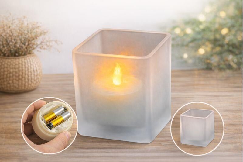 Cam Kavanoz İçinde Pilli LED Mum | Gerçekçi Alev Efekti | 2x AAA Pil ile Çalışır (Piller Dahil Değildir) | Dekoratif ve Güvenli Işık