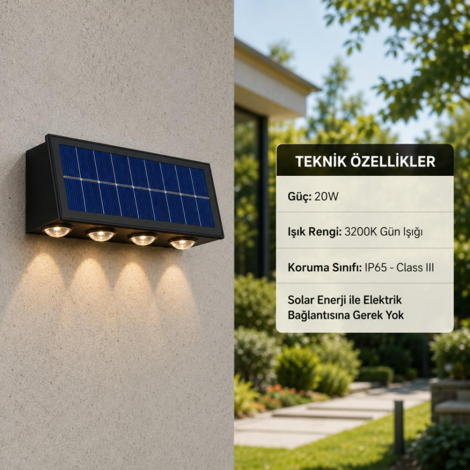 Cata CT-8010 20W Solar LED Duvar Apliği 3200K Günışığı IP65 Çift Yönlü Dış Mekân Aydınlatma