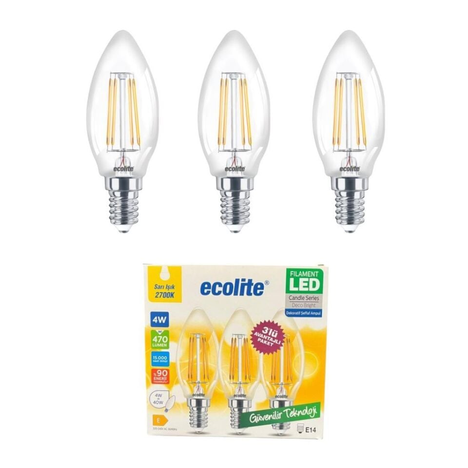 Ecolite 4W LED Filament Mum Ampul, E14 Duy, 2700K Sarı Işık, 470 Lümen, Şeffaf Cam, Akkor Görünümlü Dekoratif Lamba, 3'lü Paket