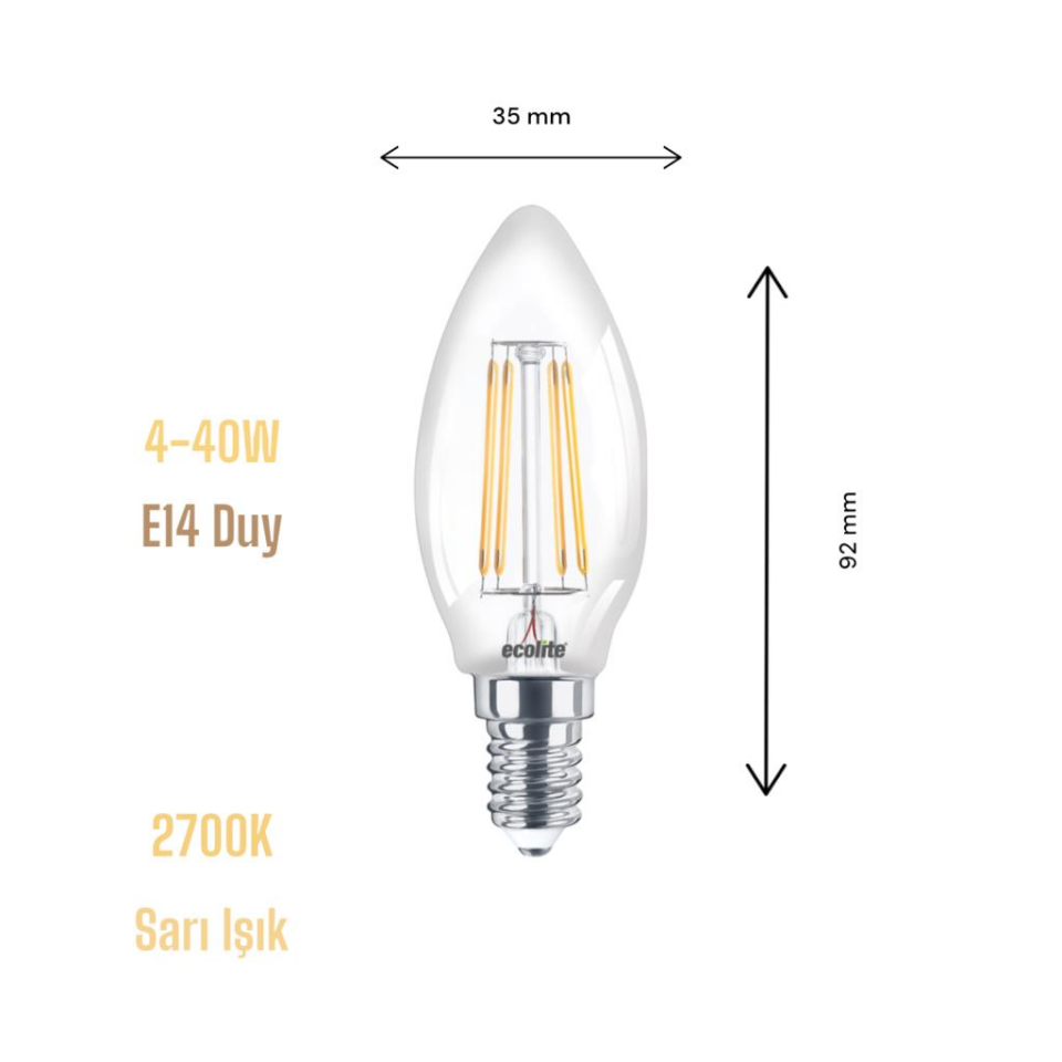 Ecolite 4W LED Filament Mum Ampul, E14 Duy, 2700K Sarı Işık, 470 Lümen, Şeffaf Cam, Akkor Görünümlü Dekoratif Lamba, 3'lü Paket