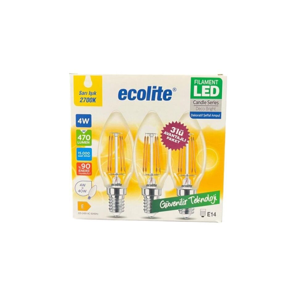 Ecolite 4W LED Filament Mum Ampul, E14 Duy, 2700K Sarı Işık, 470 Lümen, Şeffaf Cam, Akkor Görünümlü Dekoratif Lamba, 3'lü Paket