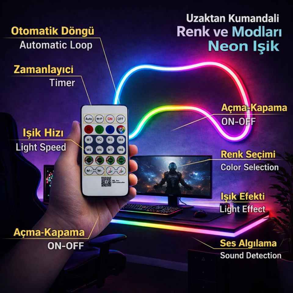 Cata CT-4567 RGB Akıllı Pixel Neon LED Set 5 Metre USB Girişli Kumandalı – Müzik Senkronlu IP65 Dekoratif Duvar ve Gaming Aydınlatma