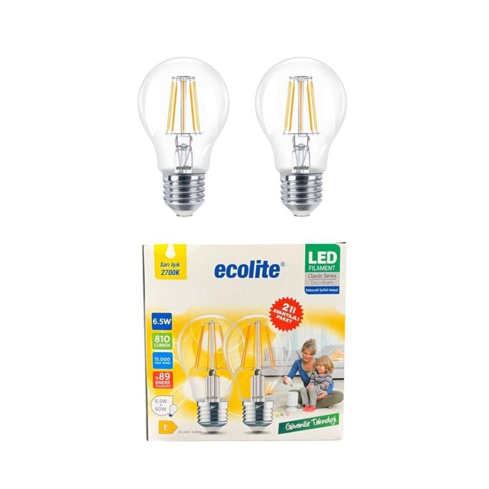 Ecolite LED Filament Ampul 6.5W (60W Eşdeğer) E27 Duy 2700K Sarı Işık 810 Lümen 2’li Paket