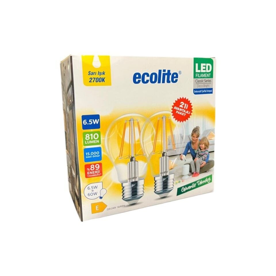 Ecolite LED Filament Ampul 6.5W (60W Eşdeğer) E27 Duy 2700K Sarı Işık 810 Lümen 2’li Paket