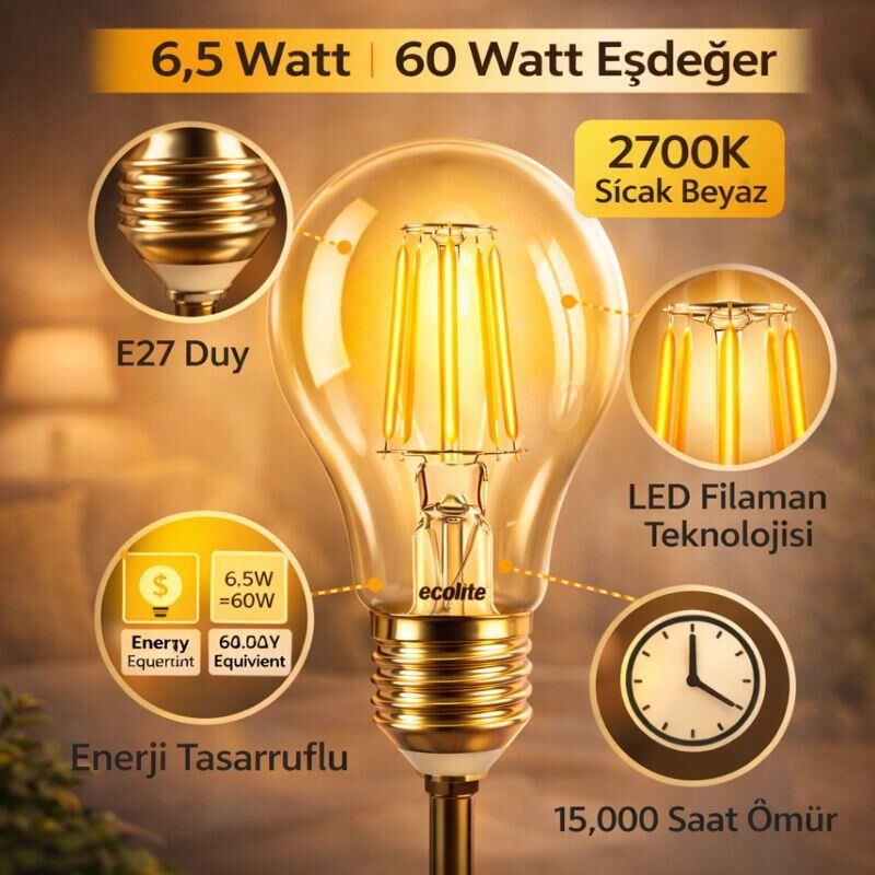 Ecolite LED Filament Ampul 6.5W (60W Eşdeğer) E27 Duy 2700K Sarı Işık 810 Lümen 2’li Paket