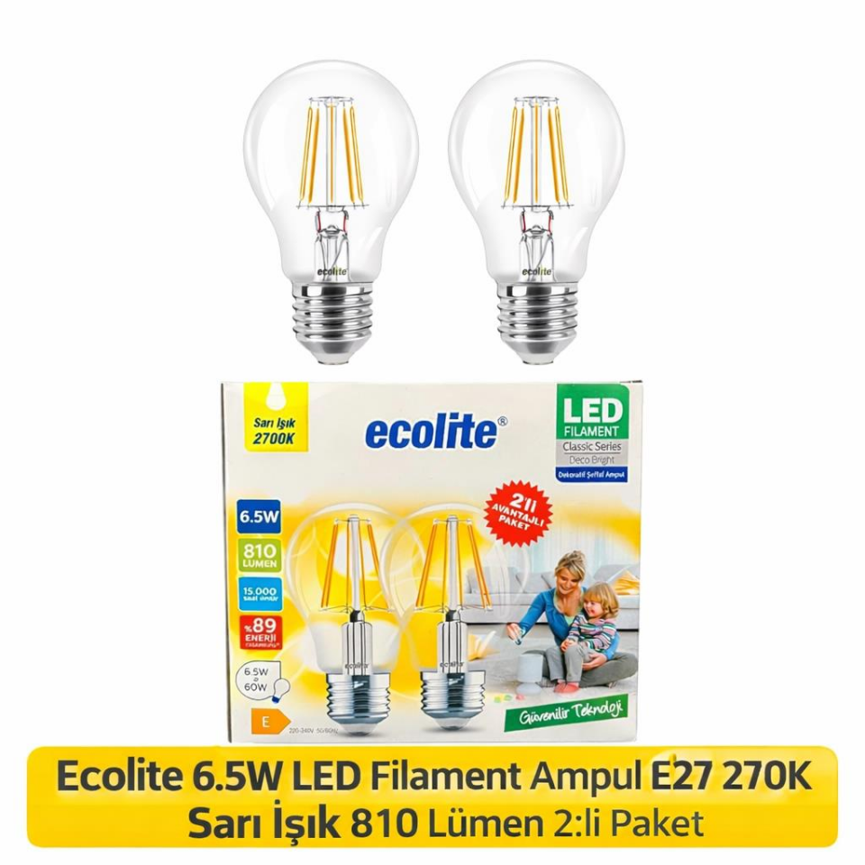 Ecolite LED Filament Ampul 6.5W (60W Eşdeğer) E27 Duy 2700K Sarı Işık 810 Lümen 2’li Paket