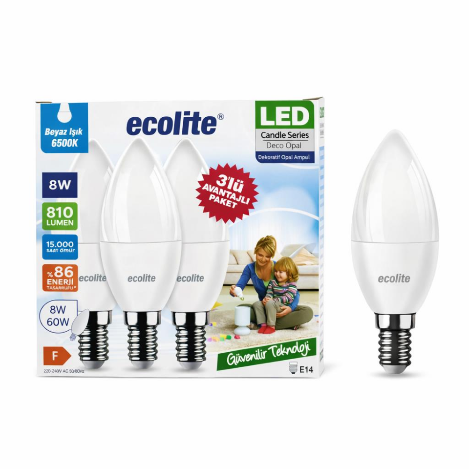 Ecolite 8W LED Mum Ampul E14 6500K Beyaz 3’lü Paket
