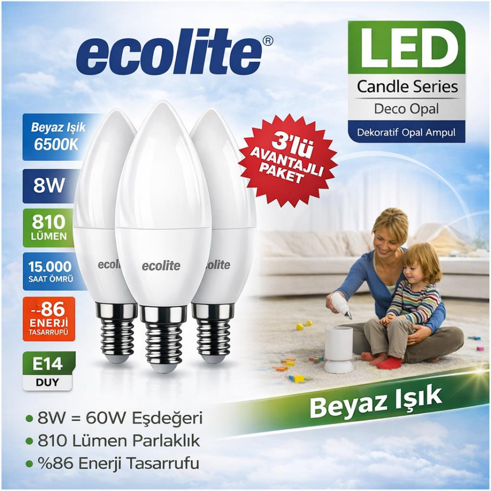 Ecolite 8W LED Mum Ampul E14 6500K Beyaz 3’lü Paket