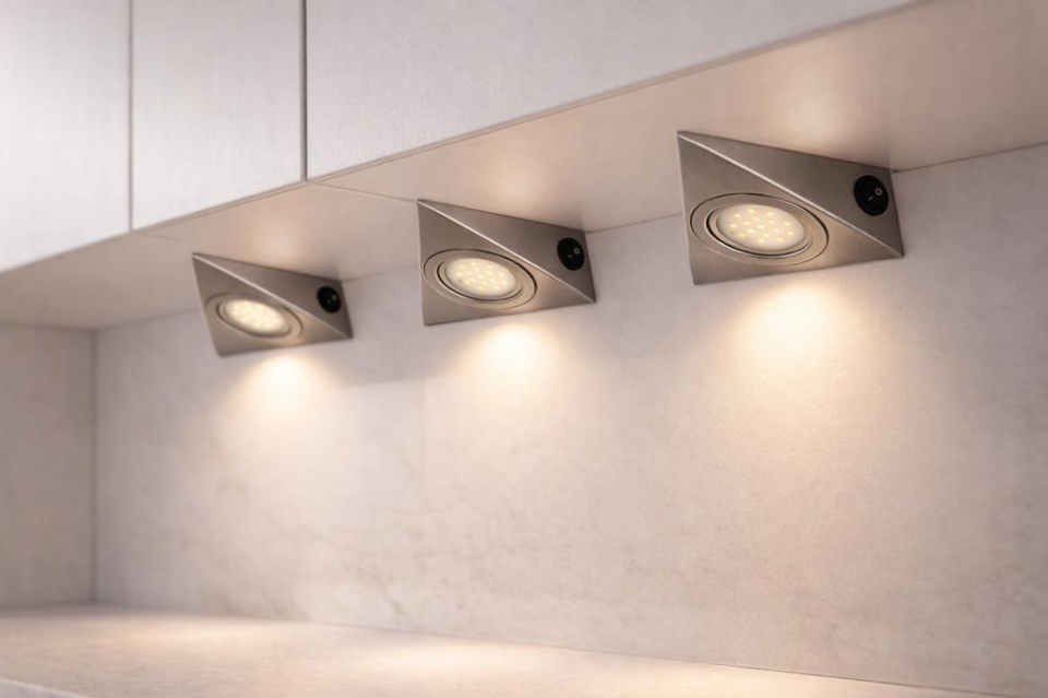 Üçgen LED Tezgah Altı Aydınlatma Anahtarlı Inox Kasa 3000K Mutfak Dolap Altı Işık