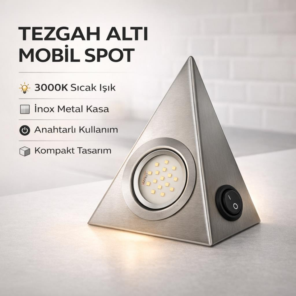 Üçgen LED Tezgah Altı Aydınlatma Anahtarlı Inox Kasa 3000K Mutfak Dolap Altı Işık