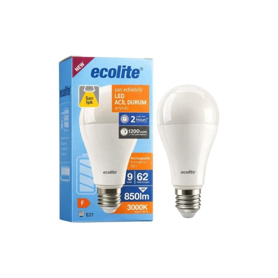 Ecolite 9W Şarjlı LED Ampul E27 – 850 Lümen 3000K Sarı Işık, 62W Eşdeğer, Acil Durum Ampulü, Elektrik Kesintisinde 2 Saat Aydınlatma